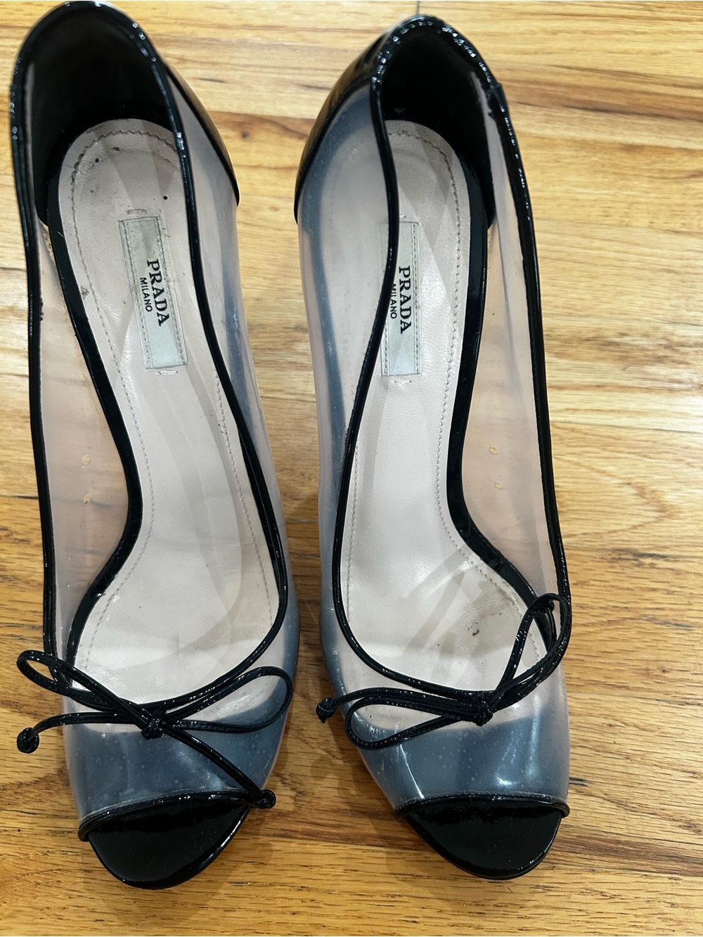 Prada Black Trim Clear Peep-Toe Pumps with Bow
